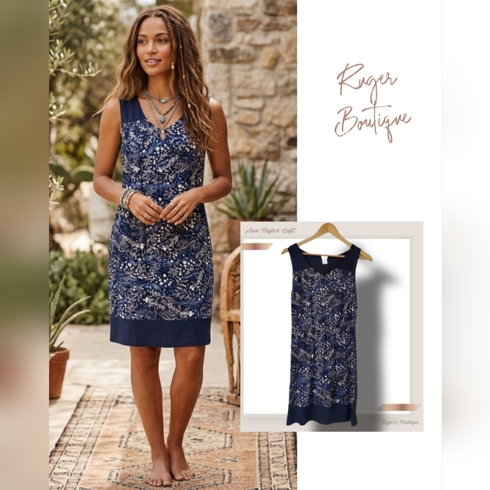 🌿Ann Taylor Loft Women's Medium Blue Floral Sleeveless Elastic Waist Dress